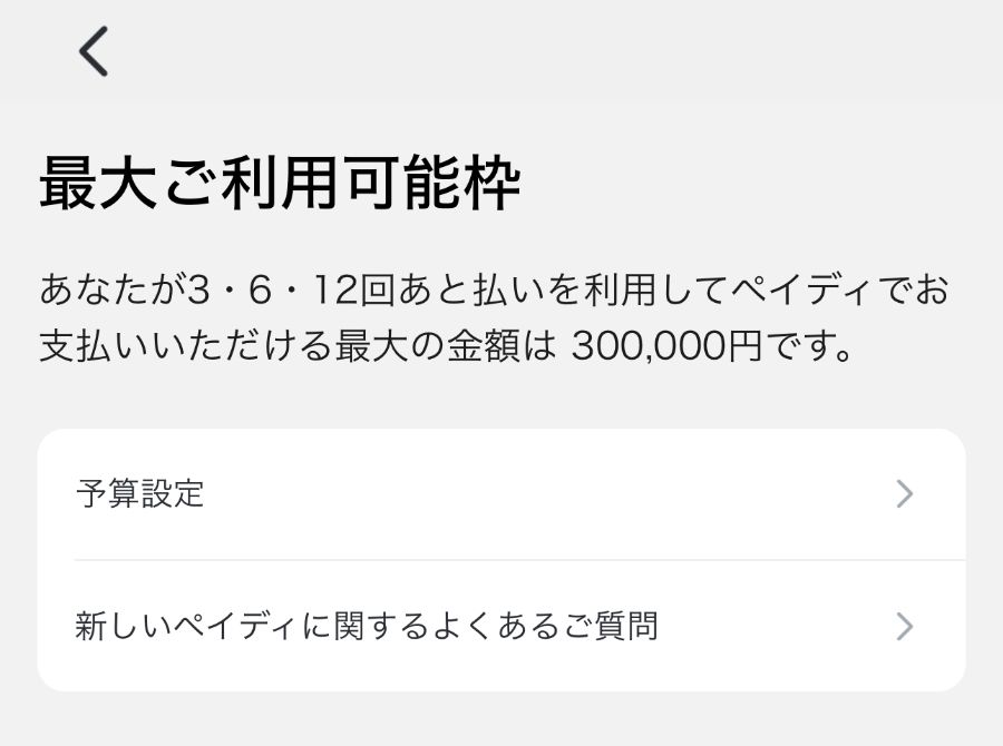 ペイディの利用枠の画面
