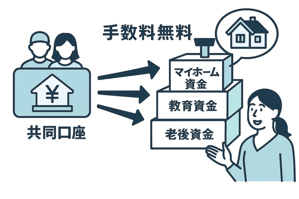 定額自動送金を使ってマイホーム資金や教育費を自動積立する流れを示す図解