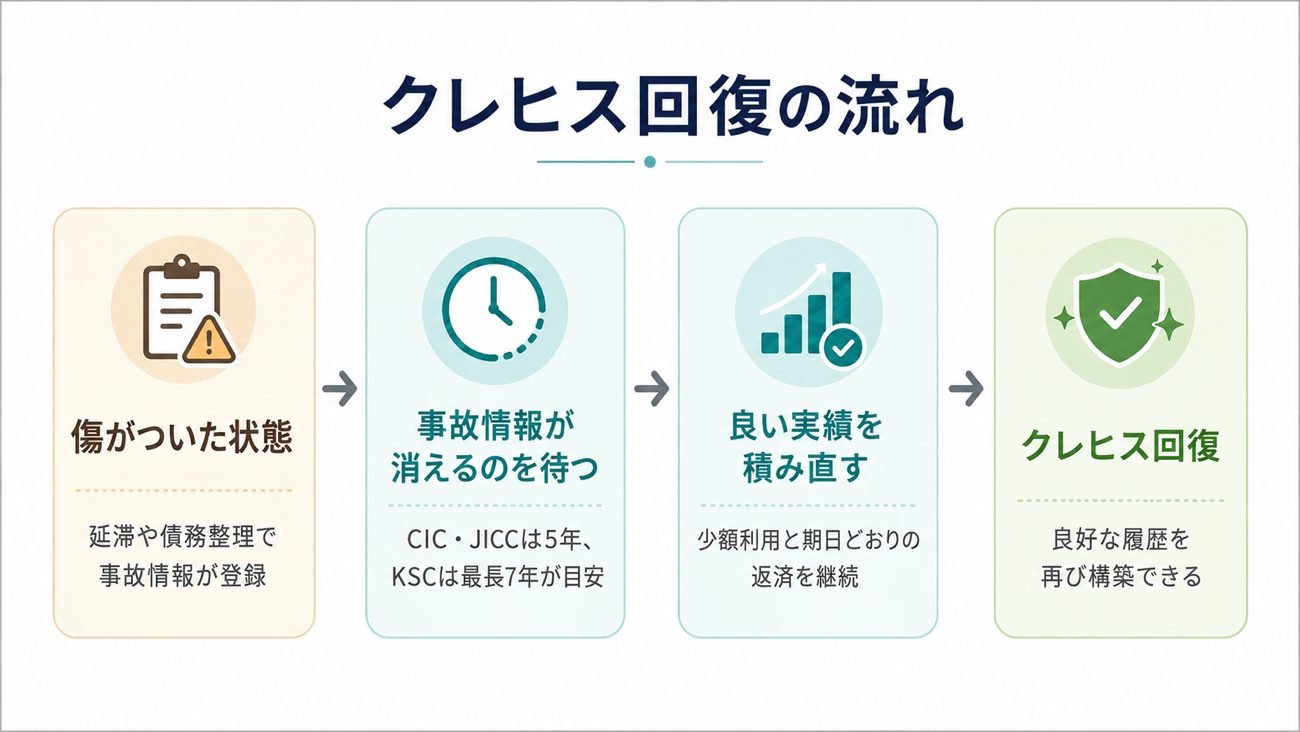 クレヒス回復の流れ。傷がついた状態、事故情報が消えるのを待つ、良い実績を積み直す、クレヒス回復の4段階
