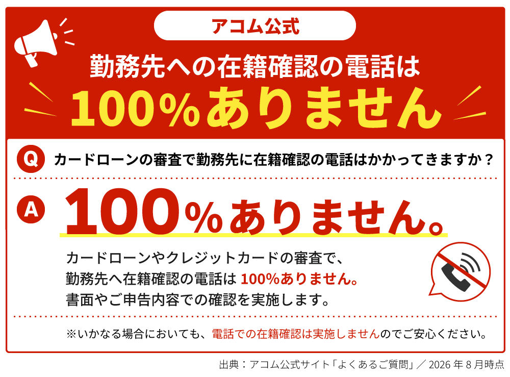 アコム公式のよくあるご質問。勤務先への在籍確認の電話は100%ありませんという回答