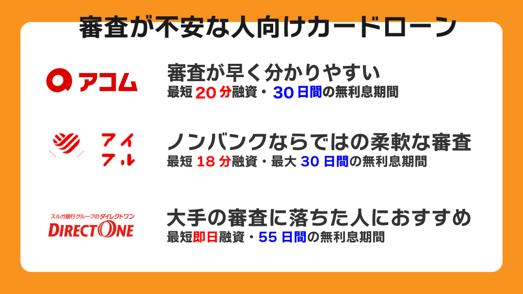 審査が不安な人向けカードローン(アコム・アイフル・ダイレクトワン)