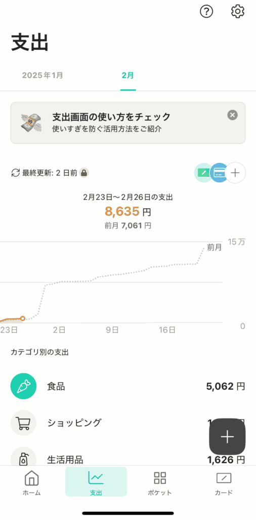ワンバンクアプリで実際に作成された支出画面のグラフ